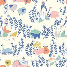 a wallpaper with farm animals and plants on the back ground in blue, pink, green, yellow and white colors