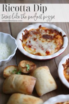 small pizzas and other appetizers on a wooden table with text overlay that reads ricotta dip tacos like the perfect pizza