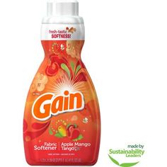 gain fabric softener with orange and red flowers on the front, in a bottle