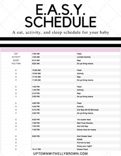 the easy schedule for baby's birth is shown in black and white with text