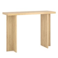 a wooden table with columns on the top and bottom, in front of a white background