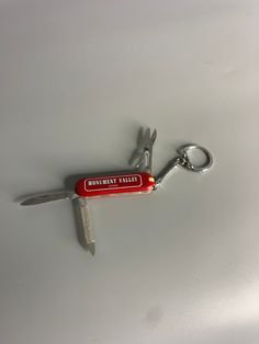 a swiss army knife keychain with a red case on the front and black handle