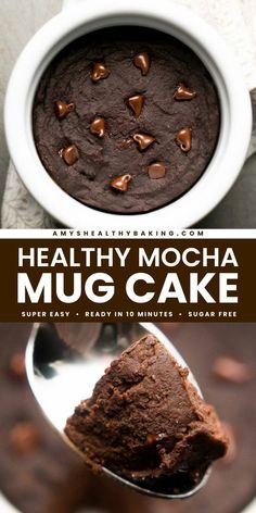 A simple healthy dessert that's clean eating with a gluten free option! Fudgy and full of rich chocolate flavor, this Healthy Mocha Mug Cake is perfect for coffee lovers. Enjoy this easy microwave cake in a mug as a healthy snack recipe, too!