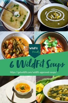 six different soups with the words 6 wildfit soup