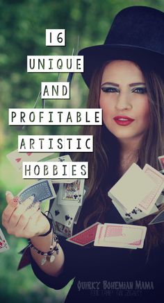 a woman holding playing cards with the words ig unique and profitable artistic hobbies