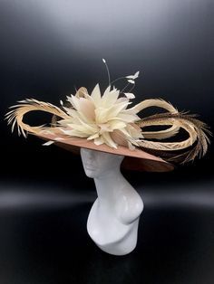 Custom Kentucky Derby hat - you pick the style you like! This style consists of a sinamay hat base, father flower, and a pheasant feather bow. Fitted Brown Hat For Kentucky Derby, Custom Formal Hat For Kentucky Derby, Custom Hat For Kentucky Derby, Elegant Handmade Fedora With Curved Brim, Handmade Elegant Fedora With Curved Brim, Brimmed Headpiece For Royal Ascot, Handmade Fitted Hats For Formal Occasions, Handmade Fitted Formal Hats, Handmade Elegant Fedora For Kentucky Derby