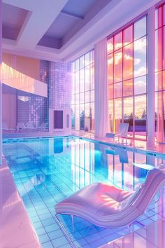 an indoor swimming pool with chaise lounges next to it and large windows overlooking the city