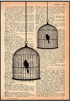 two birds in cages hanging from strings on top of an old book page with words