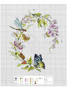 a cross stitch pattern with flowers, butterflies and leaves in the shape of a wreath