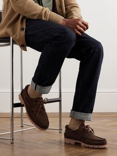 DESIGNED BY MR PORTER. Mr P.'s rugged ‘Caspian' boat shoes are crafted from supple suede and threaded with tonal laces. They rest on chunky Vibram rubber lug soles that provide plenty of traction. Mens Boat Shoes Outfit, Boat Shoes Outfit Mens, Boat Shoes Outfit, Boat Shoes For Men, Boots Men Outfit, Lug Boots, Mr P, Leather Brogues, Men Fashion Casual Outfits