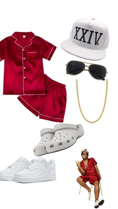 a woman in red outfit and white hat with sunglasses, tennis shoes and other items