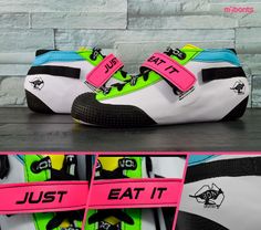 a pair of shoes with neon colored straps on the bottom, and an image of someone's feet in high - top sneakers