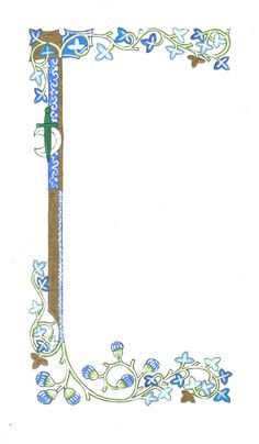 an ornate frame with blue flowers and leaves on it, as well as the letter l