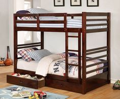 a bunk bed with drawers underneath it in a child's room or playroom