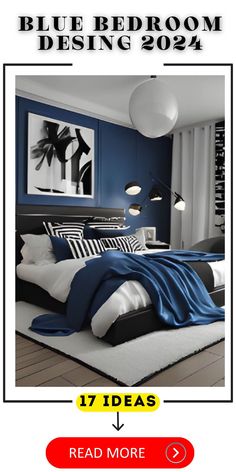 a bedroom with blue walls and white bedding is featured in an ad for red more