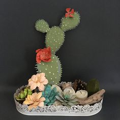 an arrangement of flowers and succulents in a bowl on a black background