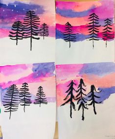 three paintings with trees painted on them and one is pink, purple, and blue