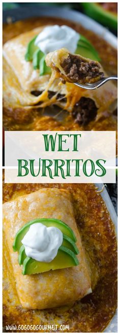 two pictures with the words wet burritos on them