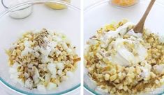 two pictures show the process of making an ice cream treat in a bowl, and then adding toppings to it