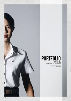 a woman is standing in front of a white and black background with the words portfolio on it