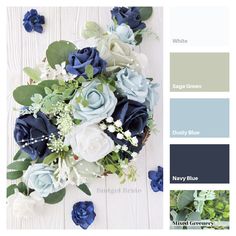 the color scheme is blue and white, with flowers on it in shades of gray