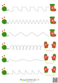 the printable worksheet for handwriting and numbers with christmas hats, mitts and snowflakes