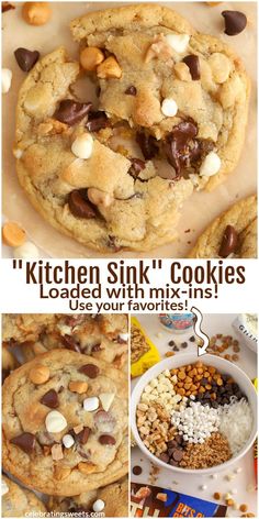 cookies with chocolate chips and nuts are shown in this collage, which includes the words kitchen sink cookies loaded with mix - ins