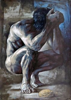 a painting of a man kneeling down with his head in his hands and looking at something