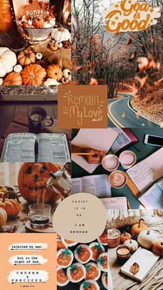 the collage shows pumpkins, books, and other items in various pictures with words on them