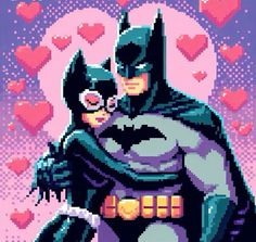 batman and catwoman in pixel art style with hearts on the wall behind them for valentine's day