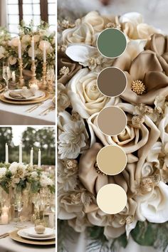 the table is set with flowers and candles for an elegant wedding reception in neutral tones