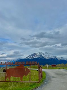 a sign that says alaska wood bison on the side of a road with mountains in the background