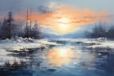 a painting of the sun setting over a frozen lake with trees and snow on it