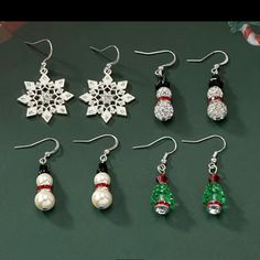 Nwt 4 Pairs Of Christmas Earrings Pearl Snowman Rhinestone Christmas Silver Rhinestone Pearl Snowman, Christmas Earrings Handmade, Earrings Pearl, Christmas Earrings, Christmas Jewelry, Silver Rhinestone, Earrings Handmade, Lady In Red, Beaded Jewelry