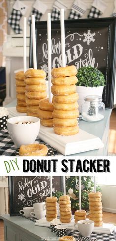 donuts stacked on top of each other in front of a black and white checkered table