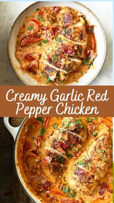 creamy garlic red pepper chicken in a skillet