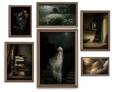 four framed art pieces are hanging on the wall next to each other, including one woman in a white dress