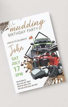 a birthday party card with an atv on it