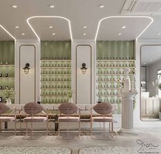 an elegant dining room with white walls and green striped wallpaper, along with pink velvet chairs