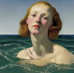 a painting of a woman floating in the ocean with her head above water's surface