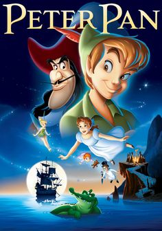 peter pan and his friends are flying over the water in this poster for peter pan