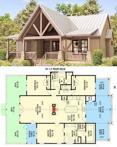 the floor plan for a small cabin house with loft and living area, is shown in two