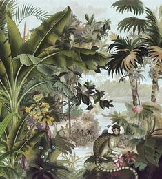 an image of a jungle scene with plants and animals