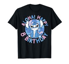 a black shirt with the words aloha happy birthday in pink and blue on it