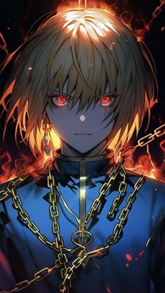 an anime character with blonde hair and red eyes, wearing chains around his neck while staring at the camera