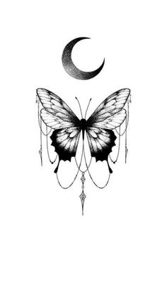 a black and white drawing of a butterfly with the moon in the sky above it