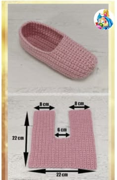 a crocheted slipper is shown with measurements for the top and bottom part