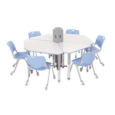 a white table with blue chairs around it and a gray tower in the middle of the table