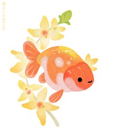 an orange fish and some yellow flowers on a white background