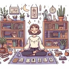 a woman is sitting in the middle of a room with books, plants and other items